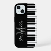Zwart-wit pianotoetsen monogram iPhone 15 hoesje (Achterkant)