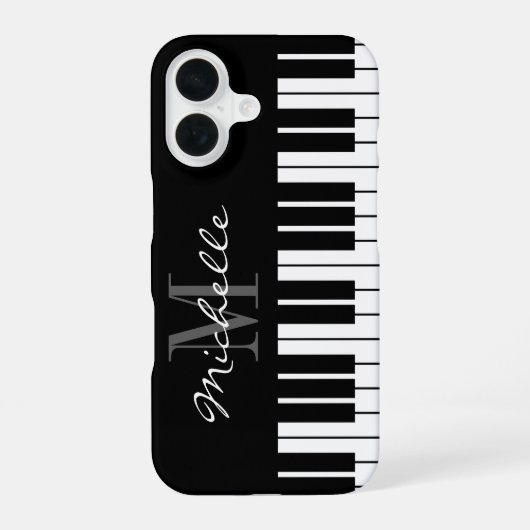 Zwart-wit pianotoetsen monogram iPhone 16 hoesje (Achterkant)