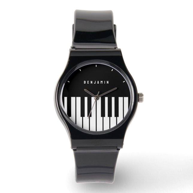 Zwart-wit pianotoetsenbord Monogram Horloge (Voorkant)