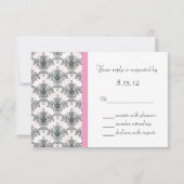 Zwart Wit PInk Damask Wedding RSVP Reageer Kaarten (Achterkant)