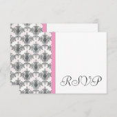 Zwart Wit PInk Damask Wedding RSVP Reageer Kaarten (Voorkant / Achterkant)