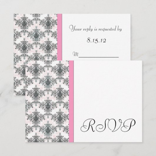 Zwart Wit PInk Damask Wedding RSVP Reageer Kaarten Kaartje (Voorkant / Achterkant)