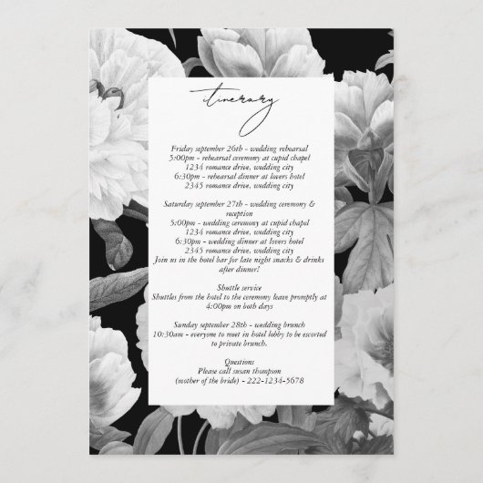 Zwart & Wit Pioenen Bloemen Huwelijksreis Programmakaart (Achterkant)