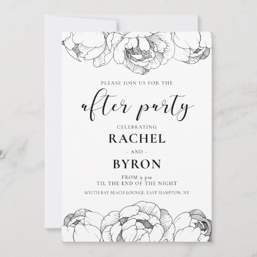 Zwart-wit pioenen bruiloft na feest kaart (Voorkant)