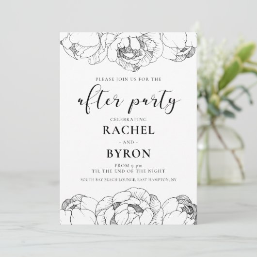 Zwart-wit pioenen bruiloft na feest kaart (Staand voorkant)