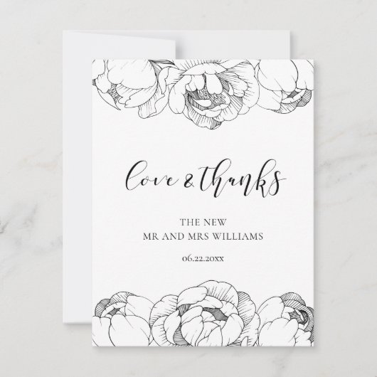 Zwart-wit pioenen elegante Love & Bedankt kaart (Voorkant)