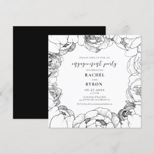 Zwart-wit pioenen elegante verlovingsfeest kaart