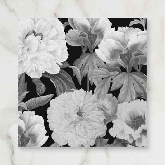 Zwart & Wit Pioenrozen Waterverf Bloemenbruiloft Bedankjes Labels (Achterkant)