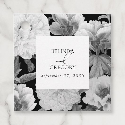 Zwart & Wit Pioenrozen Waterverf Bloemenbruiloft Bedankjes Labels (Voorkant)