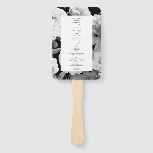 Zwart & Wit Pioenrozen Waterverf Bloemenbruiloft Handwaaier (Voorkant)
