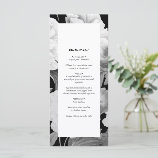 Zwart & Wit Pioenrozen Waterverf Bloemenbruiloft Menu (Staand voorkant)