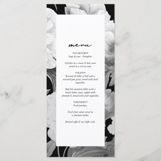 Zwart & Wit Pioenrozen Waterverf Bloemenbruiloft Menu (Voorkant)