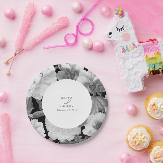 Zwart & Wit Pioenrozen Waterverf Bloemenbruiloft Papieren Bordje (Feest)