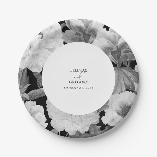 Zwart & Wit Pioenrozen Waterverf Bloemenbruiloft Papieren Bordje (Voorkant)