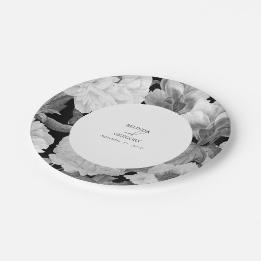 Zwart & Wit Pioenrozen Waterverf Bloemenbruiloft Papieren Bordje (Gekanteld)