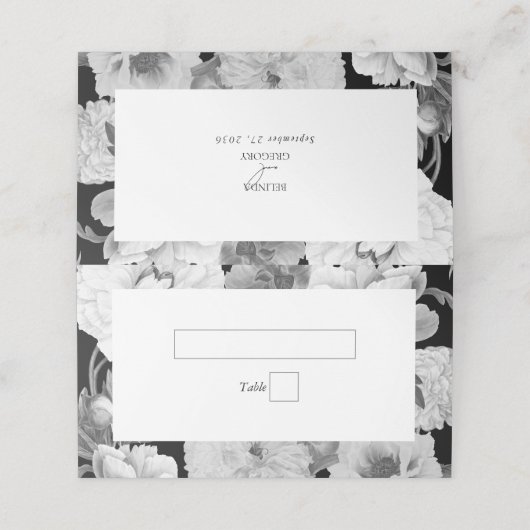 Zwart & Wit Pioenrozen Waterverf Bloemenbruiloft Plaatskaartje (Buitenkant ongevouwen)
