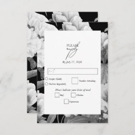 Zwart & Wit Pioenrozen Waterverf Bloemenbruiloft RSVP Kaartje