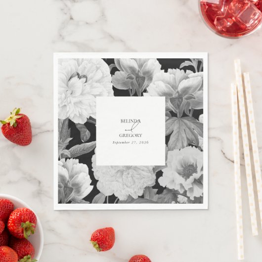 Zwart & Wit Pioenrozen Waterverf Bloemenbruiloft Servet (Insitu)