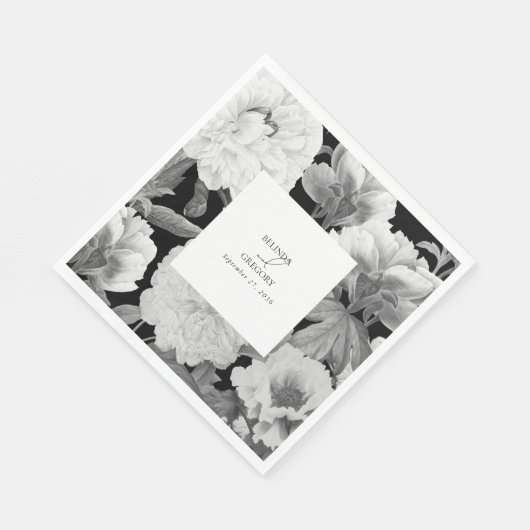 Zwart & Wit Pioenrozen Waterverf Bloemenbruiloft Servet (Hoek)
