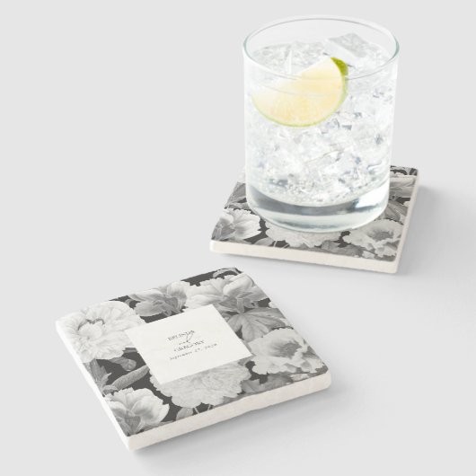 Zwart & Wit Pioenrozen Waterverf Bloemenbruiloft Stenen Onderzetter (Zijkant)