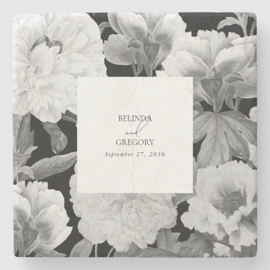 Zwart & Wit Pioenrozen Waterverf Bloemenbruiloft Stenen Onderzetter (Voorkant)