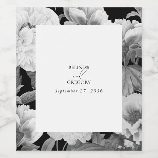 Zwart & Wit Pioenrozen Waterverf Bloemenbruiloft Wijn Etiket (Enkel label)