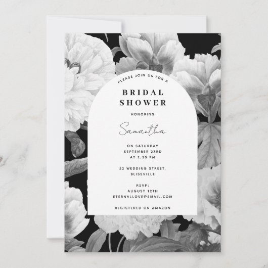 Zwart Wit Pioenrozen Waterverf Vrijgezellenfeest Kaart (Voorkant)