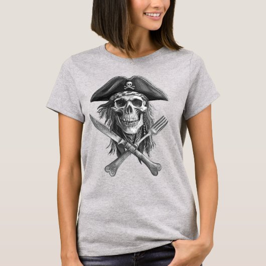 Zwart-wit piratenschedel met gebruiksvoorwerpen vo t-shirt (Voorkant)