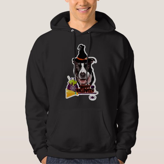 Zwart-wit Pitbull Hond Witch Halloween Hoodie (Voorkant)