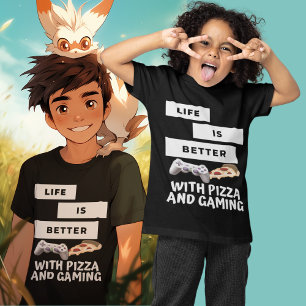 Zwart-wit pizza en gaming t-shirt