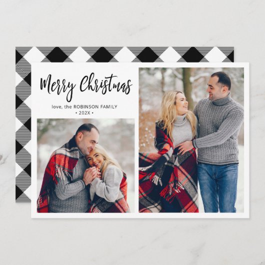 Zwart Wit Plaid 2 Fotocollage Kerstmis Feestdagenkaart (Voorkant / Achterkant)
