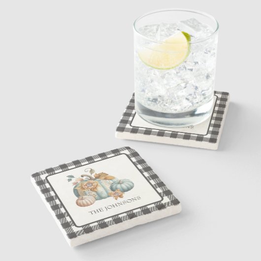 Zwart Wit Plaid Blauw Groen Pompoen Stenen Onderzetter (Zijkant)