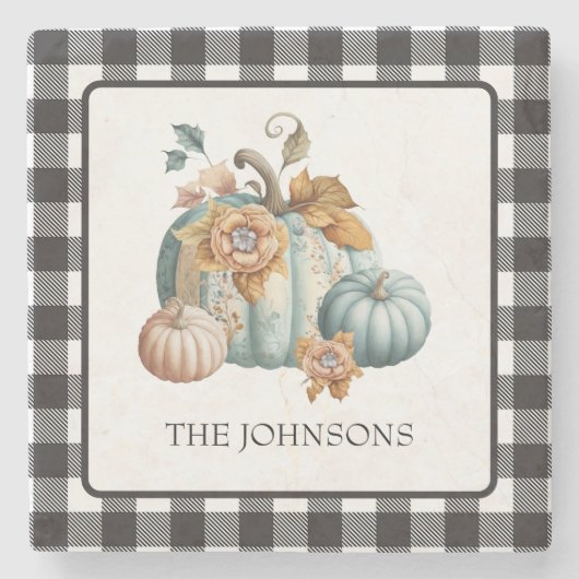Zwart Wit Plaid Blauw Groen Pompoen Stenen Onderzetter (Voorkant)