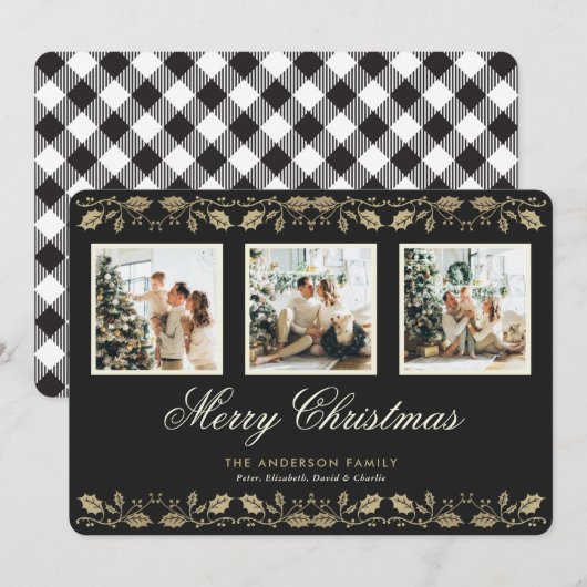 Zwart Wit Plaid Foto Vrolijk Kerstfeest Kaart (Voorkant / Achterkant)
