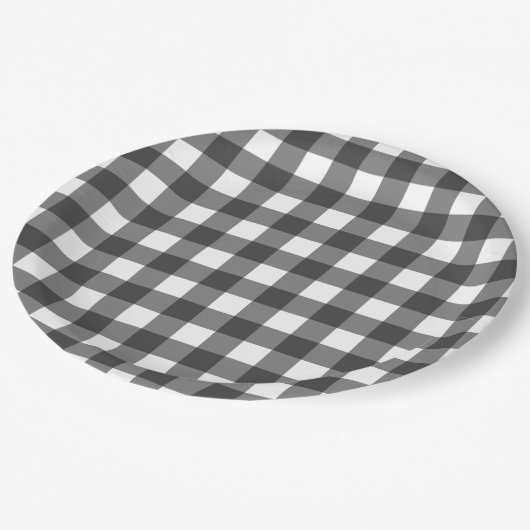 Zwart-wit Plaid Gingham Papieren Bordje (Gekanteld)