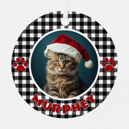 Zwart & Wit Plaid Kerst Custom Pet Metalen Ornament (Voorkant)