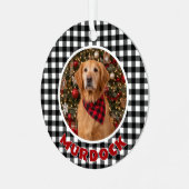 Zwart & Wit Plaid Kerstmis Gepersonaliseerde Pet Metalen Ornament (Voorkant links)