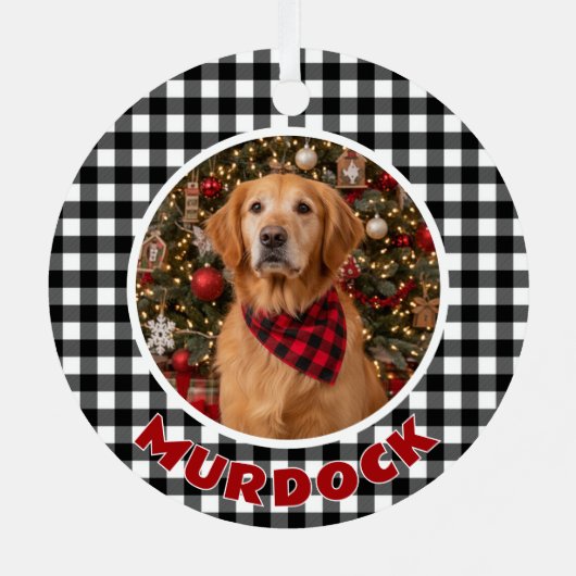 Zwart & Wit Plaid Kerstmis Gepersonaliseerde Pet Metalen Ornament (Achterkant)