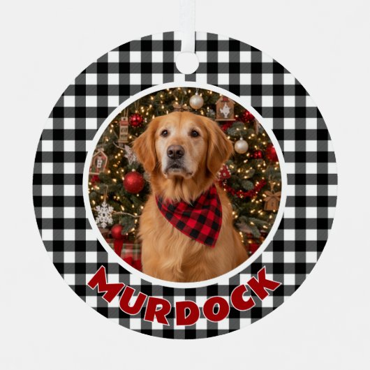 Zwart & Wit Plaid Kerstmis Gepersonaliseerde Pet Metalen Ornament (Voorkant)