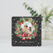 Zwart Wit Plaid Krans Foto Vrolijk Kerstfeest Feestdagenkaart (Staand voorkant)