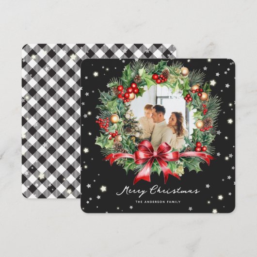 Zwart Wit Plaid Krans Foto Vrolijk Kerstfeest Feestdagenkaart (Voorkant / Achterkant)