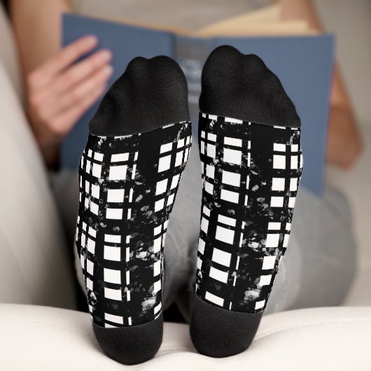Zwart-wit Plaid met Paint Splatter Crew Sokken (Onderkant)