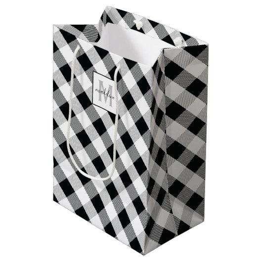 Zwart Wit Plaid Monogram Naam Kerstmis Medium Cadeauzakje (Voorkant Gekanteld)