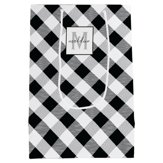 Zwart Wit Plaid Monogram Naam Kerstmis Medium Cadeauzakje (Achterkant)