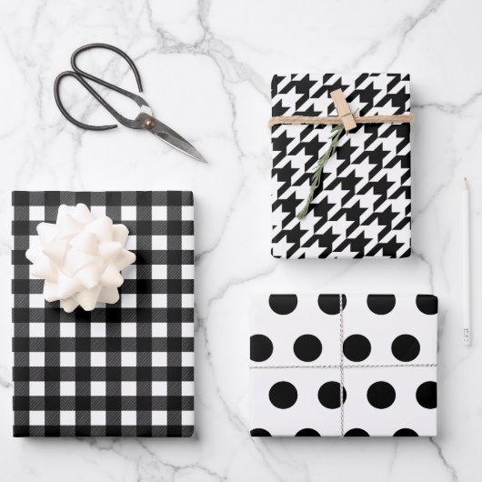 Zwart Wit Plaid Polka Dot Houndstooth Inpakpapier Vel (Voorkant)