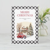 Zwart Wit Plaid Rode Vrachtwagen Merry Christmas K Feestdagenkaart (Staand voorkant)