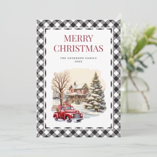 Zwart Wit Plaid Rode Vrachtwagen Merry Christmas K Feestdagenkaart (Staand voorkant)