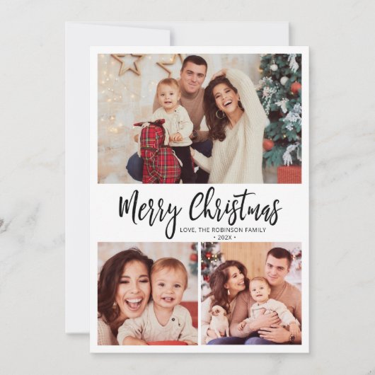 Zwart Wit Plaid Script 3 Multi Photo Christmas Feestdagenkaart (Voorkant)