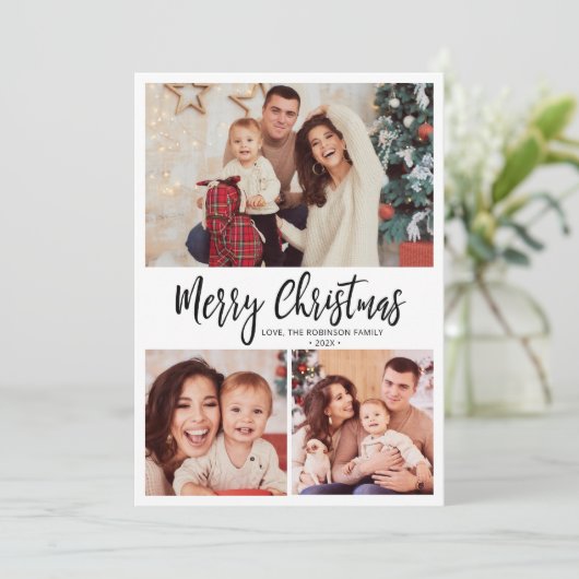 Zwart Wit Plaid Script 3 Multi Photo Christmas Feestdagenkaart (Staand voorkant)