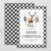 Zwart Wit Plaid Waterverf Herten Vrolijk Kerstfees Feestdagenkaart (Voorkant / Achterkant)